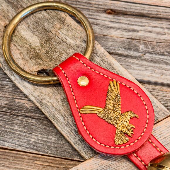 Belsnickel Eagle Charm Red Leather 3 Brass Bell Strap Door Hanger, 14.5”H - Picture 3 of 8